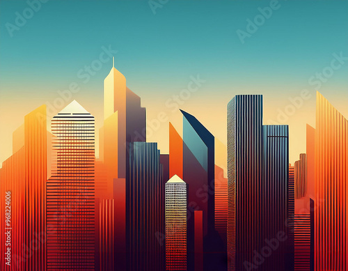 Warm sunset illuminating a modern cityscape with skyscrapers of various designs and colors