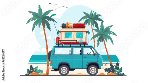 Wallpaper Mural A vibrant camper van drives by a picturesque beach lined with palm trees on a sunny day, evoking a sense of adventure Torontodigital.ca