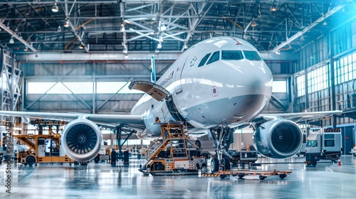 Commercial airplane under maintenance in hangar with technicians and tools in action photo