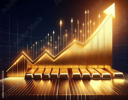 Wallpaper Mural Increasing gold price represented by a gold arrow going up supported by gold bars Torontodigital.ca