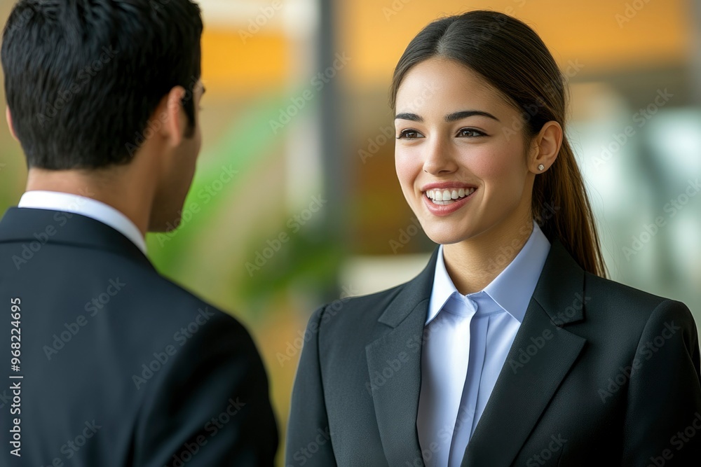 Businessman and Businesswoman in Suits Looking at Each Other Businessman and Businesswoman in Suits Looking at Each Other