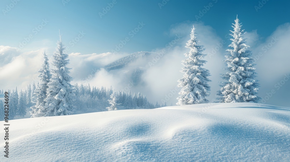 Fluffy spruce trees blanketed in snow standing in a bright white field under a clear blue sky winter Scandinavian landscape banner Fluffy spruce trees blanketed in snow standing in a bright white field under a clear blue sky winter Scandinavian landscape banner