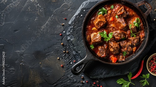 Beef goulash cooked in cast iron skillet on dark stone background with space for text. Overhead view