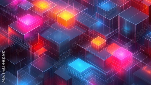 Abstract digital landscape with glowing cubes and vibrant colors.