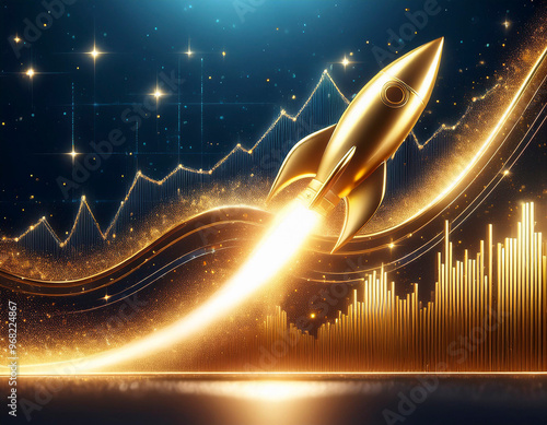 Wallpaper Mural Golden rocket is flying upwards over growing charts, representing successful business growth and startup Torontodigital.ca