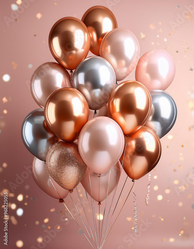 Metallic pink, gold, and silver balloons floating on a pink background with falling confetti