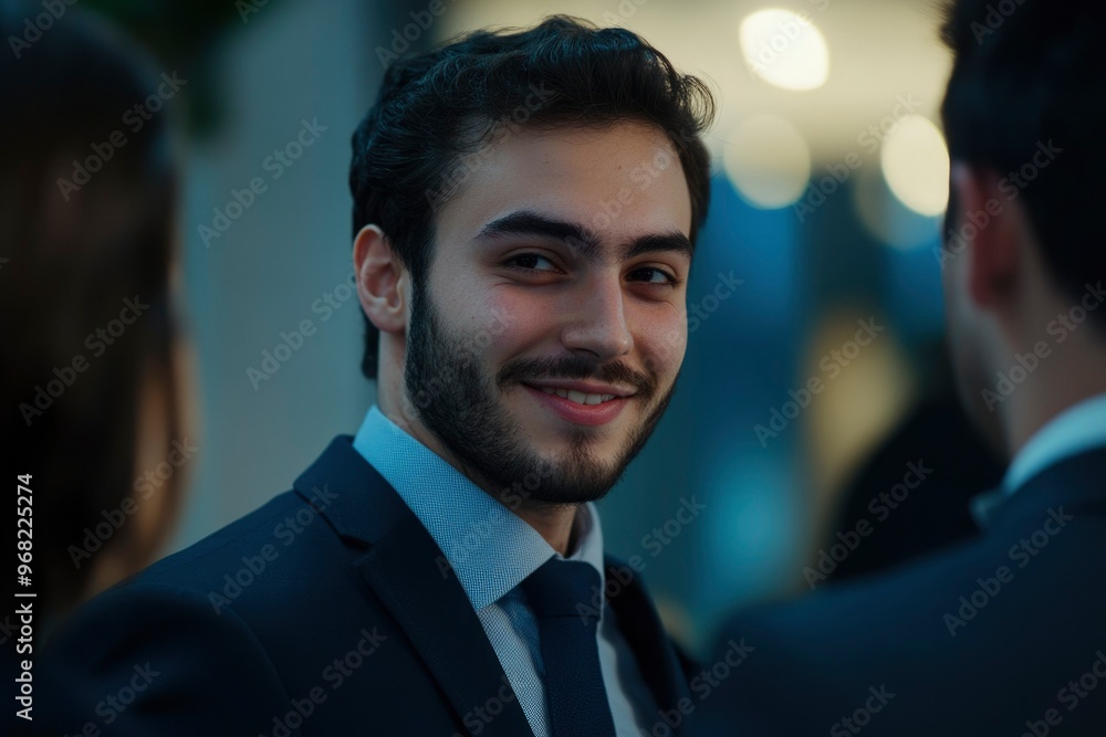A young man in a suit smiling and looking to the side A young man in a suit smiling and looking to the side