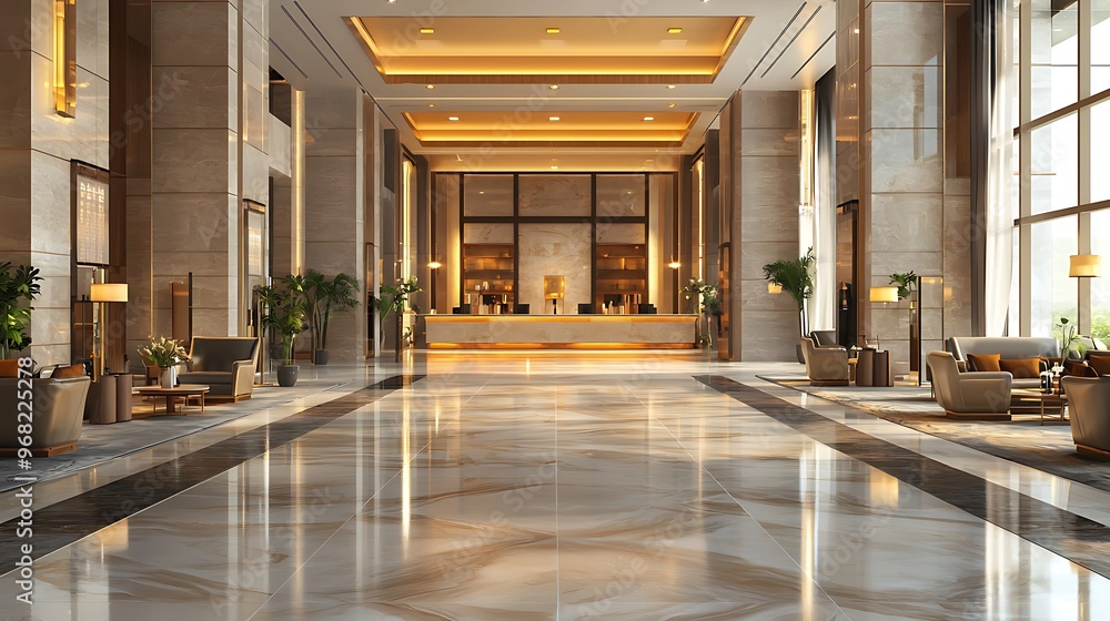 Tranquil, large hotel lobby devoid of guests. Tranquil, large hotel lobby devoid of guests.