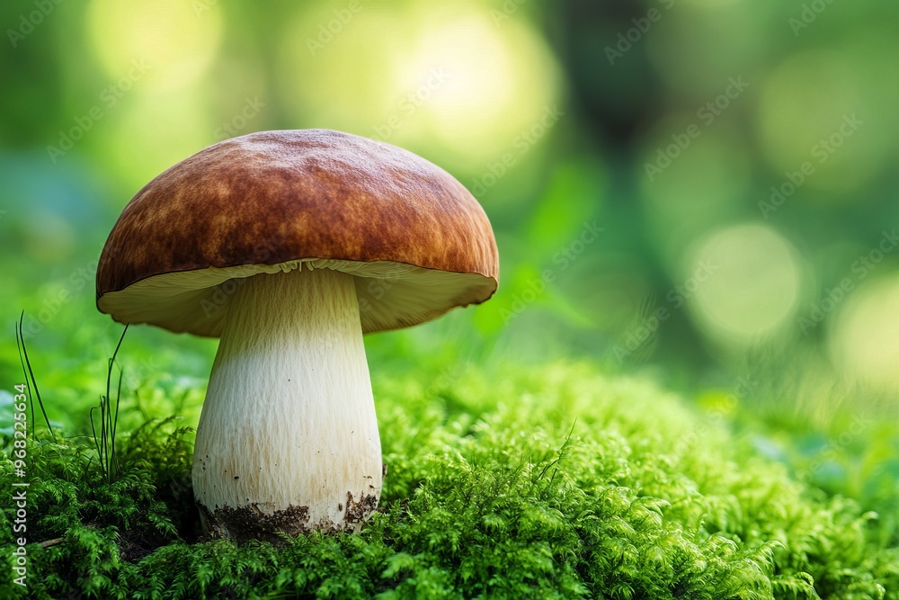 Close-Up of a Single Porcini Mushroom Growing in Moss Close-Up of a Single Porcini Mushroom Growing in Moss
