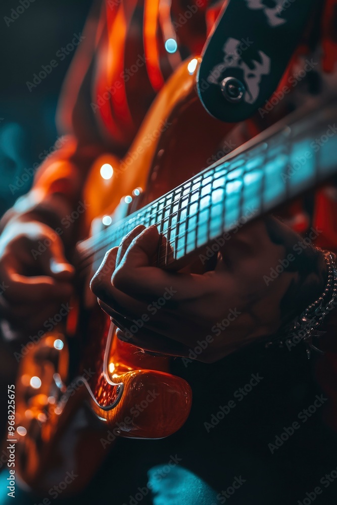 Fototapeta premium Close-up of a Musician's Hand Playing an Electric Guitar