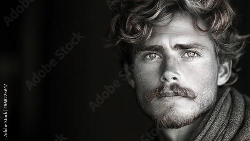 young man with moustache on black solid background with copy space, Movember concept