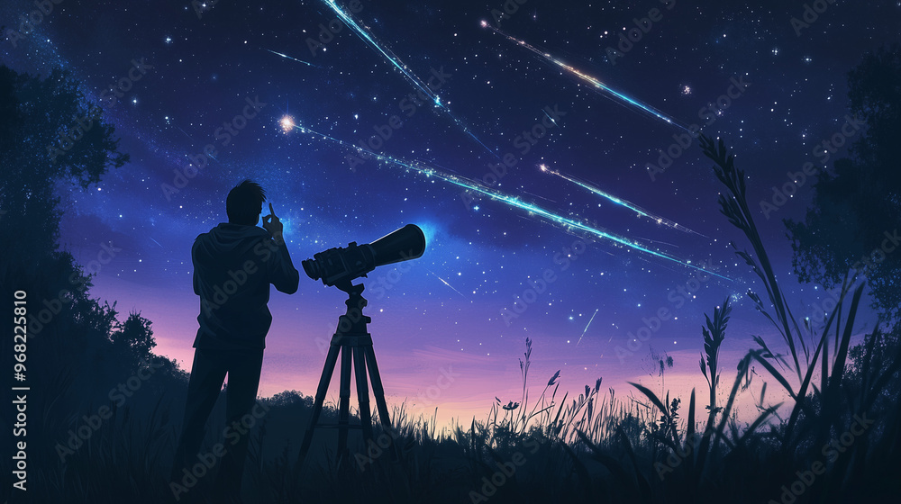 An astronomer with a telescope, awestruck by a meteor shower An astronomer with a telescope, awestruck by a meteor shower