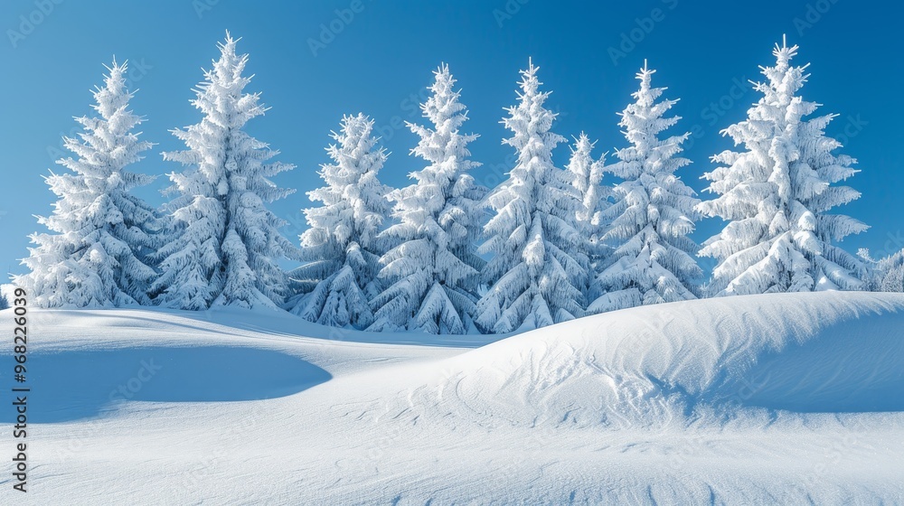 Fluffy spruce trees blanketed in snow amidst stunning snowy mountains and a clear blue sky winter Scandinavian landscape banner Fluffy spruce trees blanketed in snow amidst stunning snowy mountains and a clear blue sky winter Scandinavian landscape banner