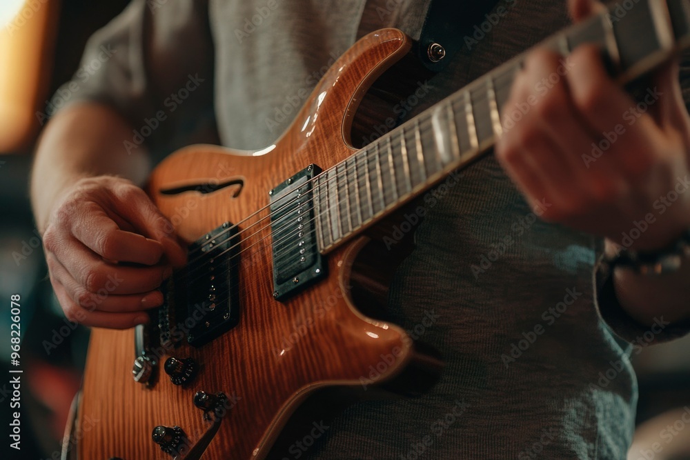 Fototapeta premium Closeup of a Person Playing a Sunburst Electric Guitar