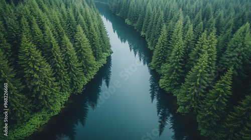 Aerial View of Reflective River Winding Through Symmetrical Evergreen Forest