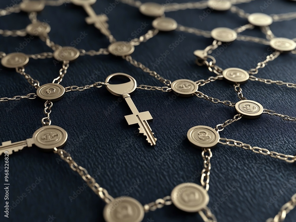 Golden keys on network with dark blue background, concept of web security and password safe keeping, key points on presentation, backdrop or wallpaper for website banner or power point Golden keys on network with dark blue background, concept of web security and password safe keeping, key points on presentation, backdrop or wallpaper for website banner or power point