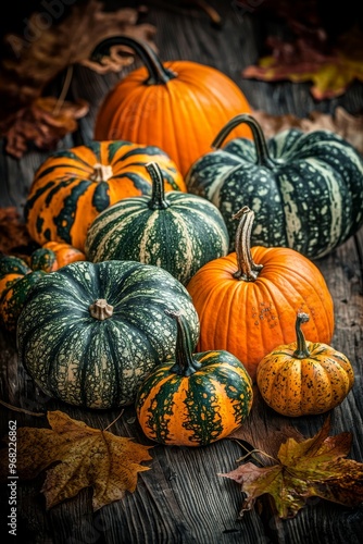 Gourds and pumpkins arranged on a wooden background