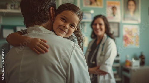 A doctor holds a smiling child in a bright clinic while a nurse observes warmly during a check-up