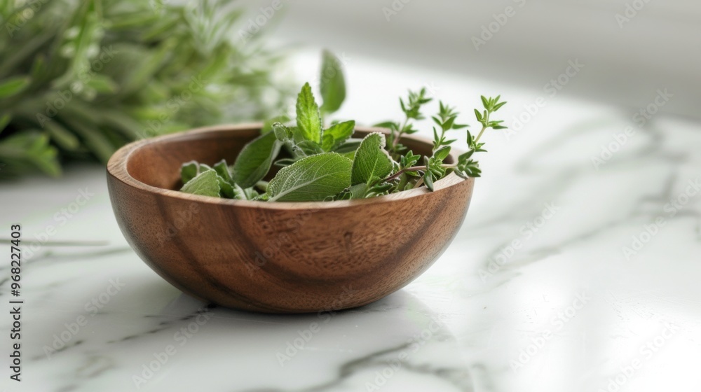 Fototapeta premium Freshly harvested herbs in a wooden bowl on a marble countertop during natural light hours