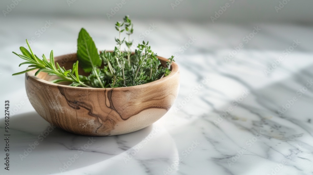 Freshly picked herbs in a wooden bowl on a marble countertop with sunlight illuminating the colors Freshly picked herbs in a wooden bowl on a marble countertop with sunlight illuminating the colors