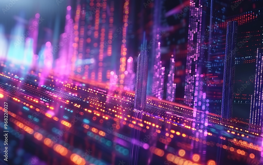 Abstract digital representation of stock market activity with animated charts, fluctuating data points.