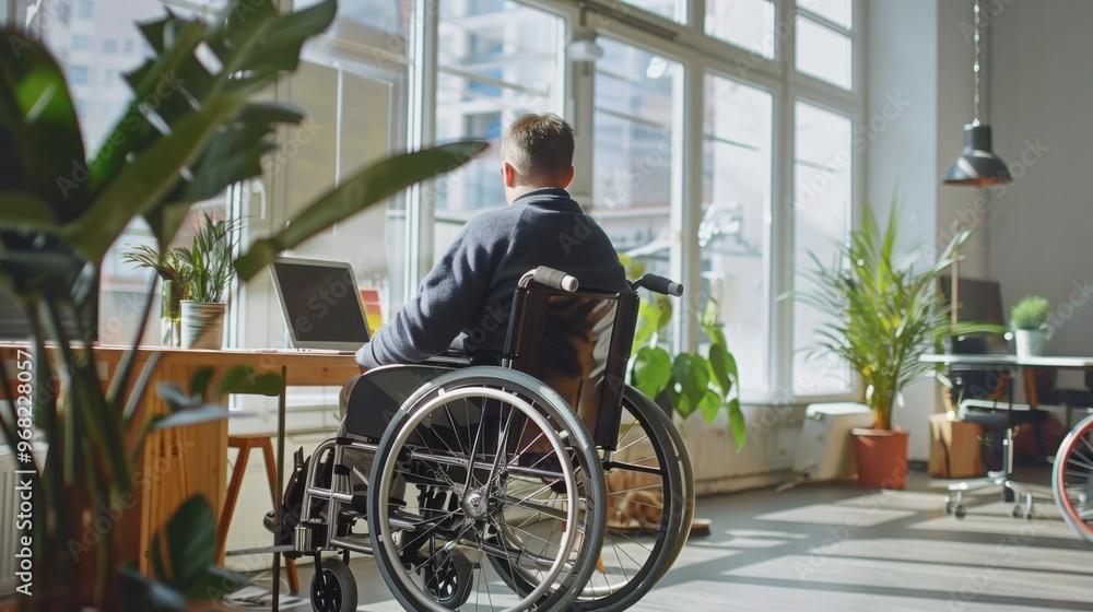A person in a wheelchair working on a laptop in a bright office space with large windows A person in a wheelchair working on a laptop in a bright office space with large windows