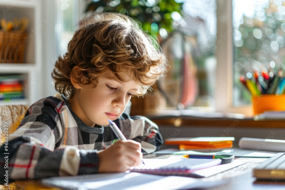 Distance learning Child writting homework with computer. Concept online education Distance learning Child writting homework with computer. Concept online education