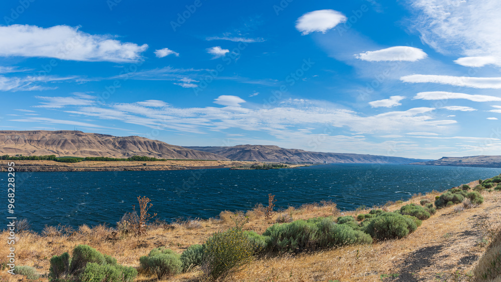 Panorama of a Windy Columbia River near Arlington, Oregon, USA, Looking East Up-River Panorama of a Windy Columbia River near Arlington, Oregon, USA, Looking East Up-River