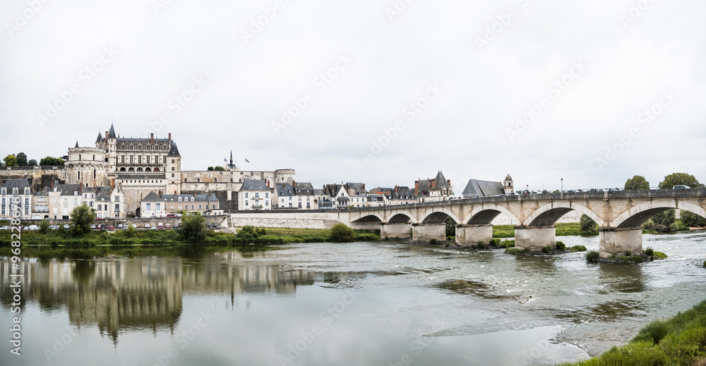 Panorama of Amboise Castle and bridge by Loire river in France Panorama of Amboise Castle and bridge by Loire river in France