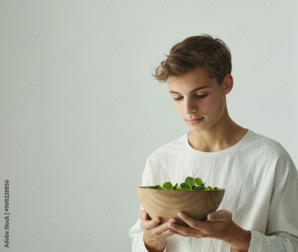 Young person holding a wooden bowl of fresh greens in a minimalist indoor setting Young person holding a wooden bowl of fresh greens in a minimalist indoor setting