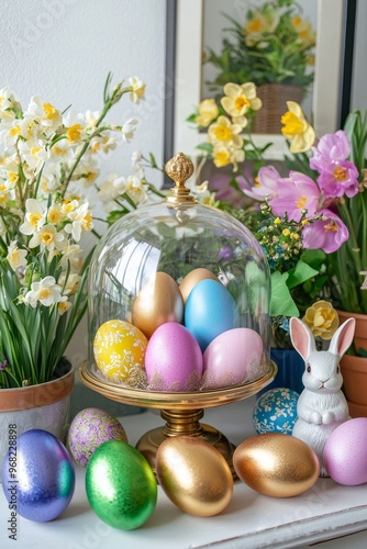 For Easter, a festive holiday table with fresh flowers and eggs is displayed