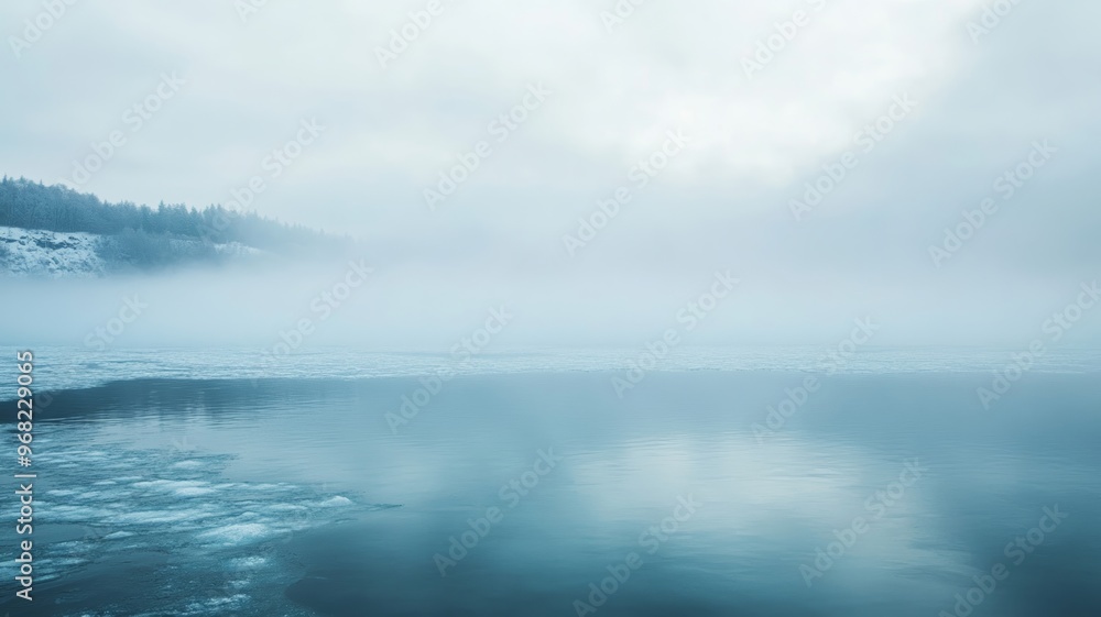Obraz premium Misty winter landscape with frozen lake and foggy horizon, serene nature scene. Tranquil winter serenity concept