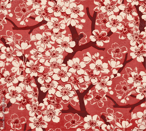 Elegant pattern of stylized cherry blossoms on a rich red background, evoking a sense of traditional asian aesthetic and spring's beauty.