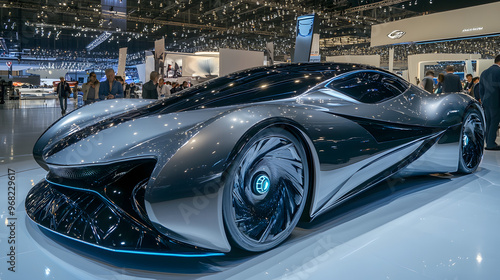 A futuristic concept car on display at an auto show with sleek lines and advanced features.
