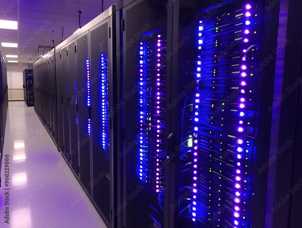 Fototapeta premium A modern data center filled with high-tech servers illuminated by vibrant blue lights, showcasing advanced technology.