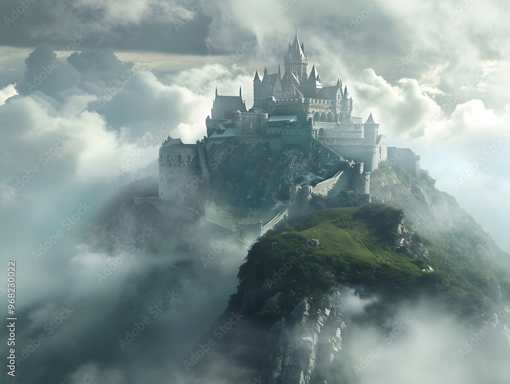 Fototapeta premium Magnificent fantasy castle perched atop a misty hill with dramatic clouds