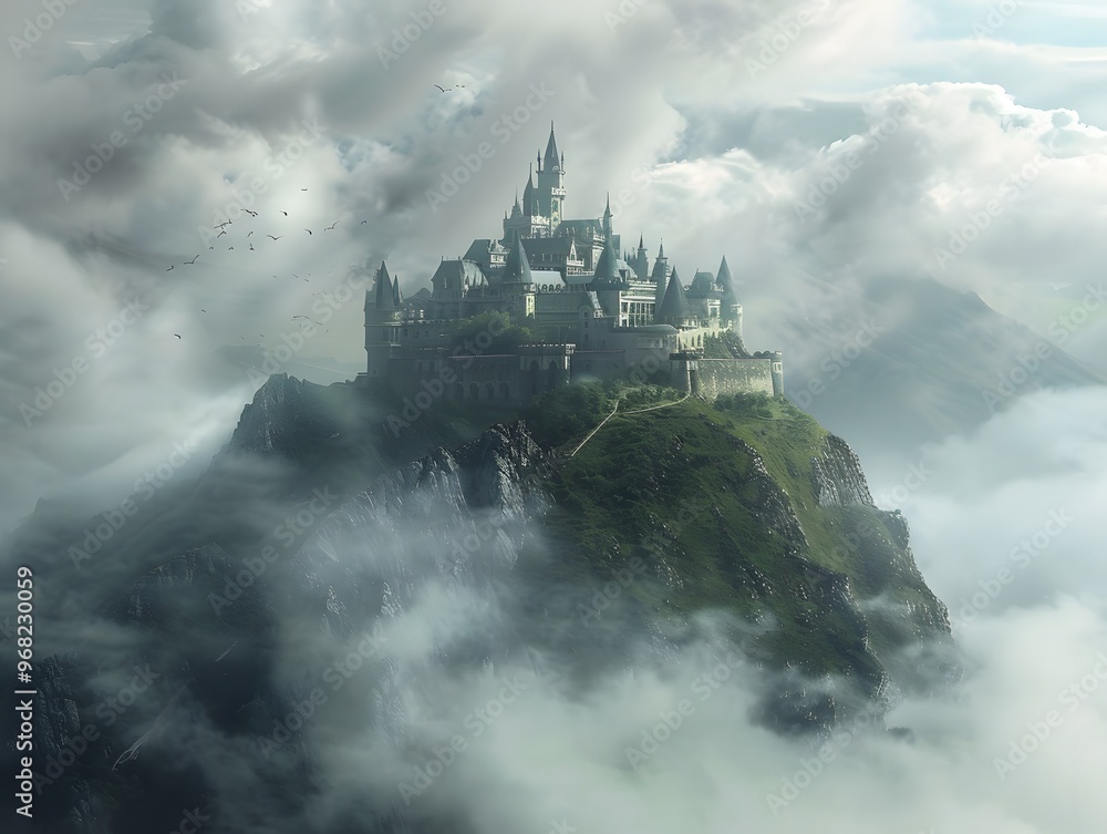 Fototapeta premium Magnificent fantasy castle perched atop a misty hill with dramatic clouds