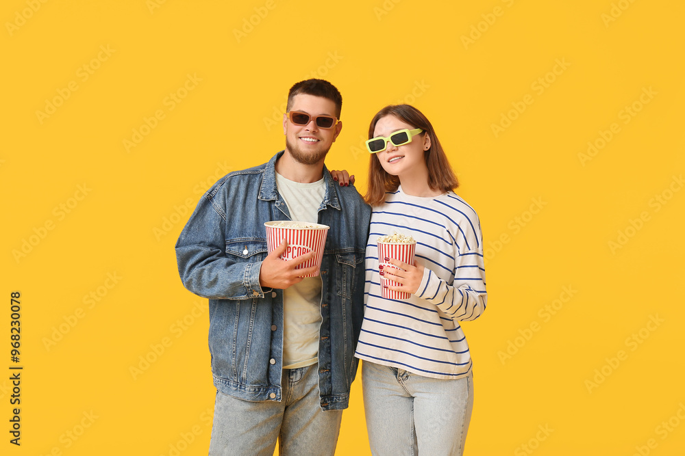 Happy young couple in 3D glasses with buckets of popcorn on yellow background Happy young couple in 3D glasses with buckets of popcorn on yellow background