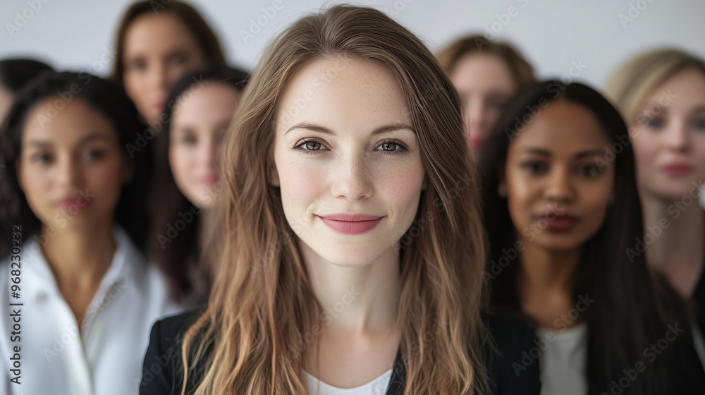 Young female executive smiles confidently alongside her diverse team of managers Young female executive smiles confidently alongside her diverse team of managers