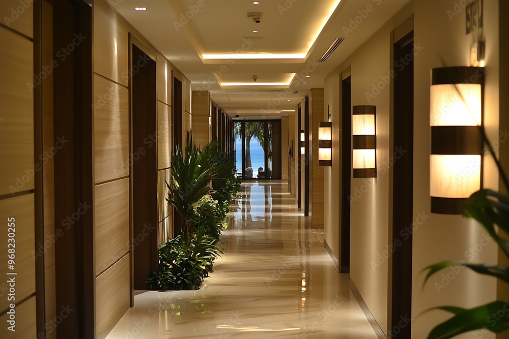 Obraz premium Contemporary beachside hotel corridor with elegant modern design and stylish finishes.
