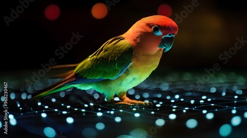 Shining parrot bird on dark background with lights picture photo