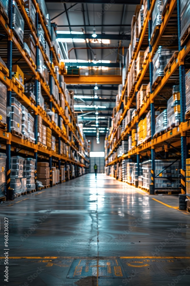 A warehouse with a person walking down the aisle A warehouse with a person walking down the aisle
