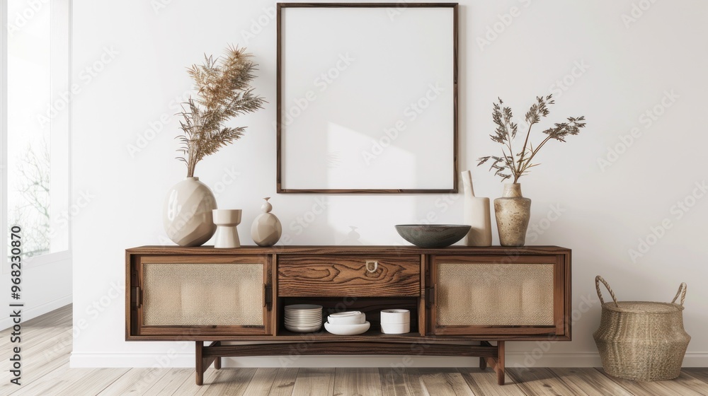 Wooden Cabinet with Dry Branches in Vases Wooden Cabinet with Dry Branches in Vases