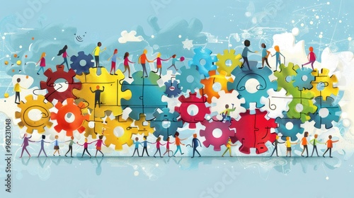 A group of people are working together to build a large puzzle