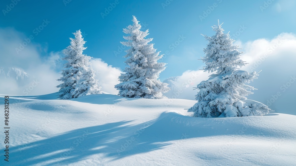 Fluffy spruce trees blanketed in snow atop snowy mounds under a bright, clear blue sky winter landscape snowdrifts banner