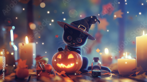 Wallpaper Mural A tiny black cat wearing a witch hat, sitting on a glowing pumpkin, surrounded by floating potion bottles and magic sparkles. The background is a spooky but cute Halloween night with candles Torontodigital.ca