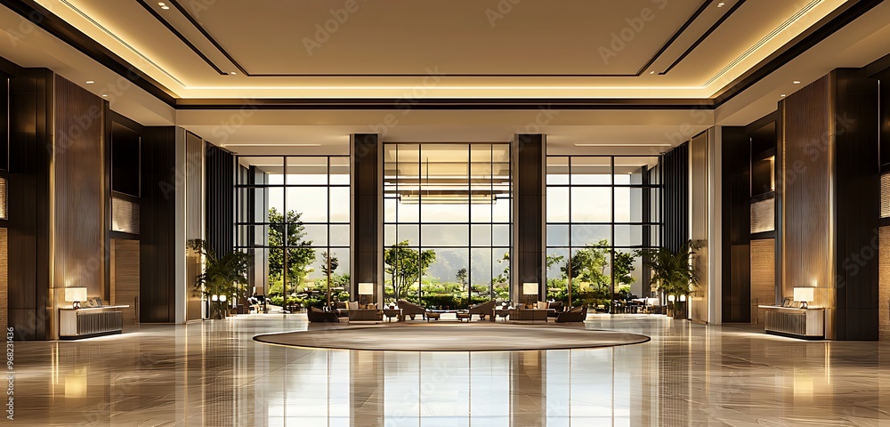 Expansive luxury hotel lobby with an elegant design. Expansive luxury hotel lobby with an elegant design.