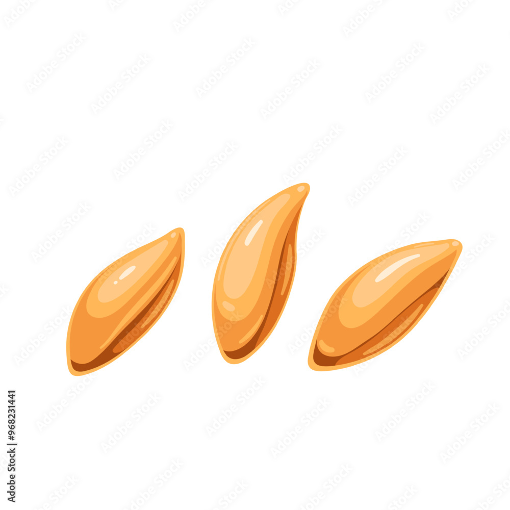 Fototapeta premium Wheat grains, cartoon three seeds of cereal crop. Single whole kernels without husk, gold wheat or barley harvest grown on farm field for baking bread, bakery mascot, cartoon vector illustration