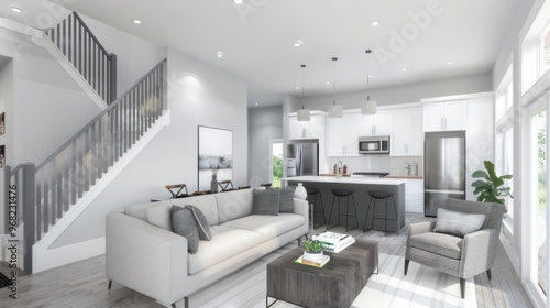 Wallpaper Mural Modern Living Room with Kitchen and Staircase Torontodigital.ca