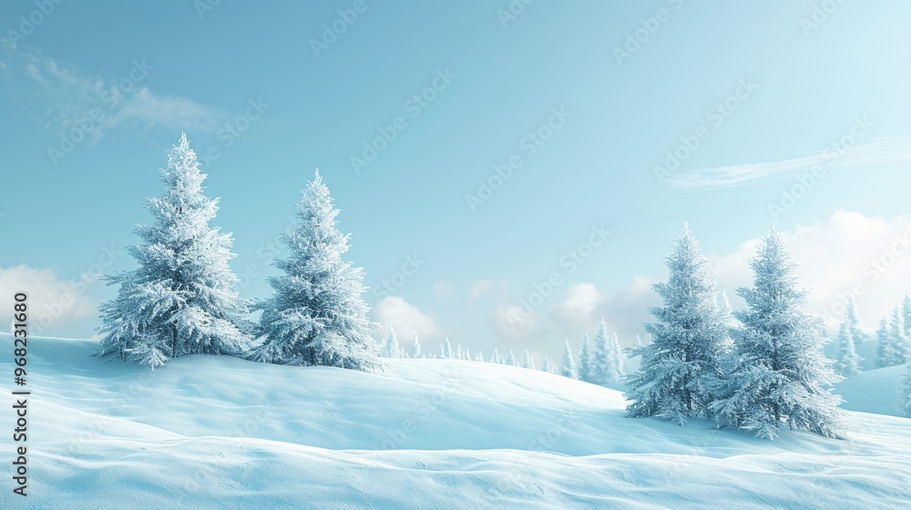 Sunlit forest of fluffy spruce trees blanketed in snow with white snowdrifts in the field winter landscape banner Sunlit forest of fluffy spruce trees blanketed in snow with white snowdrifts in the field winter landscape banner
